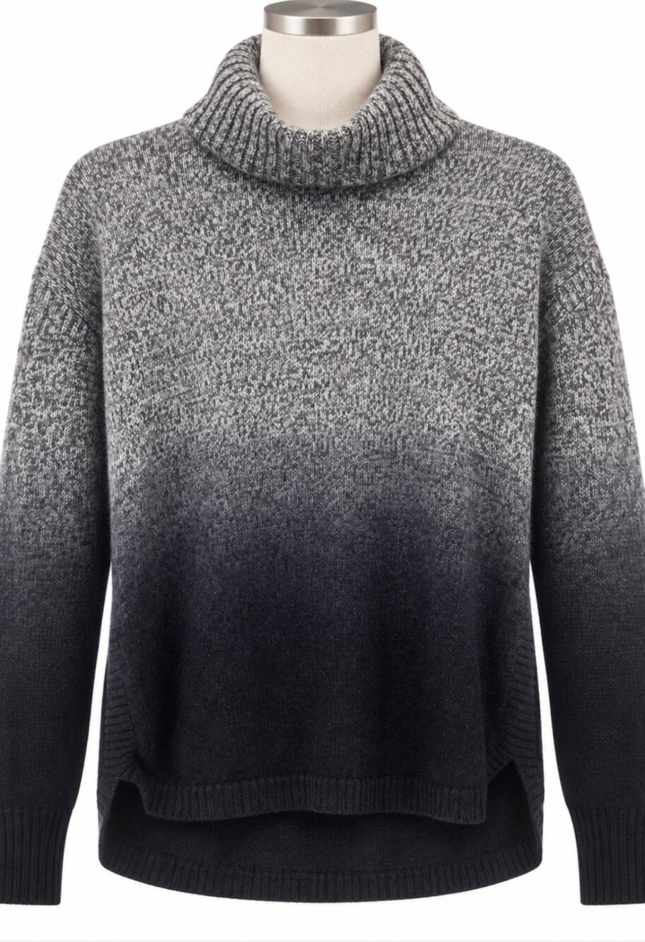 AQUA Cashmere Thick 2-Ply Ombre Melange Turtleneck Sweater Gray Black Size M
